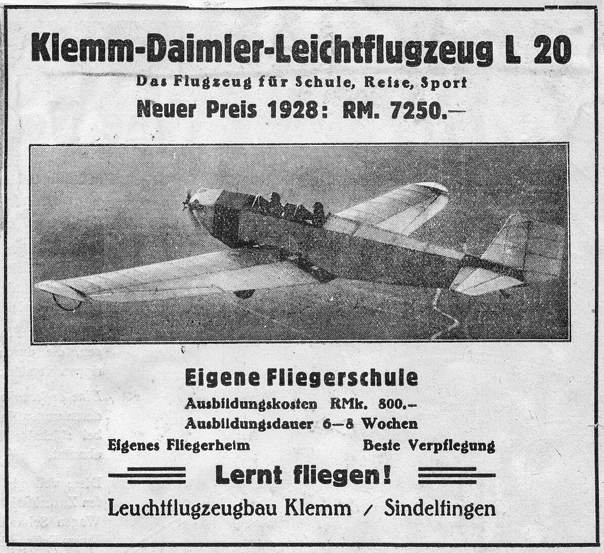 Klemm-Daimler Leichtflugzeug L 20. Zeitungsanzeige des Leichtflugzeugbaus von Hanns Klemm in Sindelfingen aus dem Jahr 1928. 